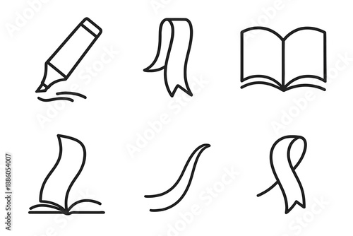 Line Style Icons. Line style icons of Tale Ribbon Mark: simple marker, curved ribbon, open folio, page sweep, story trace, light