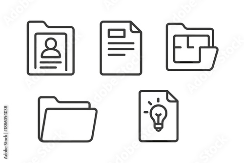 Office Plan Icons. Line style icons of Office Plan Folder: case profile, document leaf, outlined plan, handle curve, paper bend,