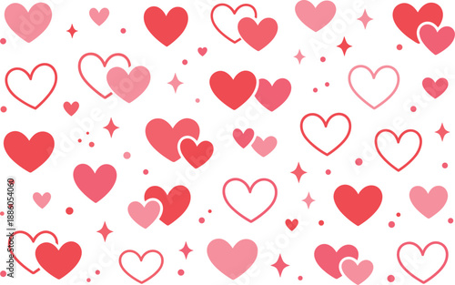 Red and pink hearts, stars on a white background.