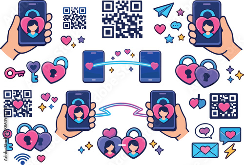 Hands holding phones, QR codes, hearts, locks, keys, envelopes, wireless symbols, stars.