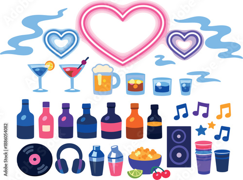 Neon hearts, drinks, bottles, vinyl, headphones, cocktail shakers, popcorn, speakers, music notes.