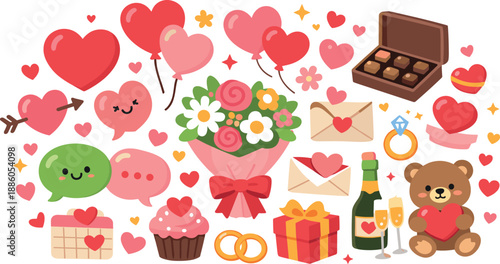 Icons of hearts, balloons, flowers, chocolate, envelopes, rings, teddy bear, gifts, champagne.