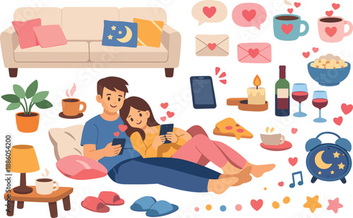 Couple on couch surrounded by romantic icons: hearts, coffee, letters, food, wine, music.