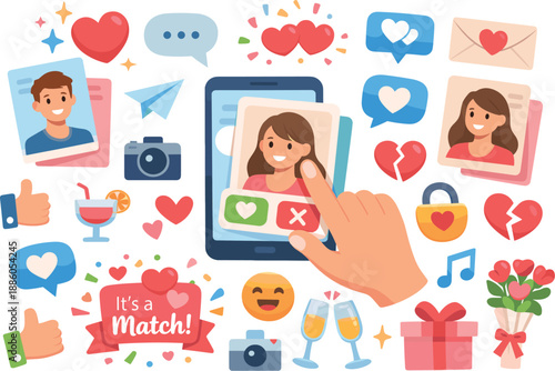 Icons of dating, messages, hearts, matches, cameras, music notes, and drinks depicted.