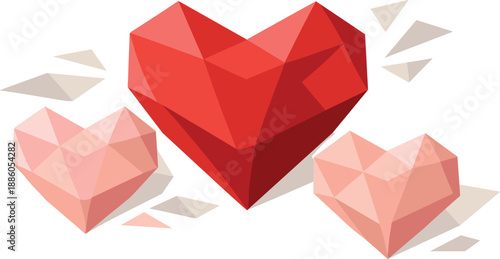 Three geometric hearts, one large red and two smaller pink. Triangular shards around.