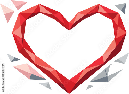 Geometric red heart with surrounding triangular shapes on a white background.