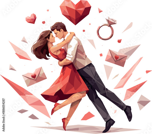 A couple embracing surrounded by hearts, letters, ring, and geometric shapes.