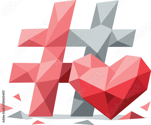 Abstract hashtag and heart in geometric style, red and gray colors.