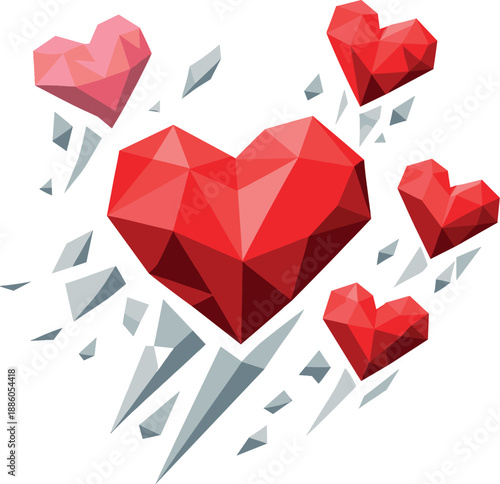 Five red polygonal hearts with jagged white lines around them.