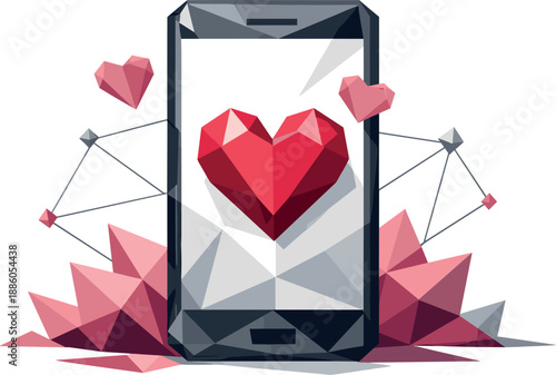 Smartphone with geometric heart, two small hearts, abstract shapes, and connecting lines.