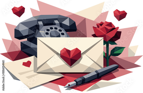 Vintage phone, envelope with heart, rose, pen, paper, love theme icons.