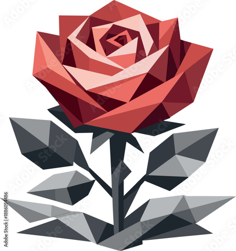 A geometric red rose with green leaves on a white background.