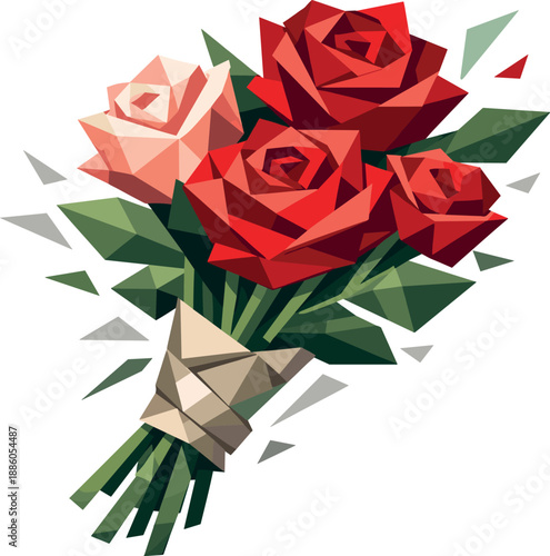 Bouquet of geometrically stylized red and pink roses with green leaves.