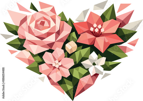 Geometric floral heart made of various flowers and leaves, no icons visible.