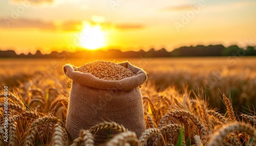 Full Sack of Wheat Grains Standing in a Radiant Agricultural Field at Sunset