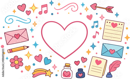 Heart in center, surrounded by letters, music notes, arrows, flowers, potion bottles, stars.