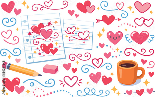 Hearts, paper, pencil, eraser, mug, swirls, stars, smiling faces, wings.