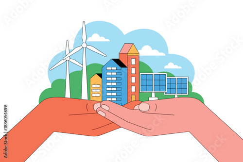 Sustainable Cityscape in Hands with Wind Turbines and Solar Panels