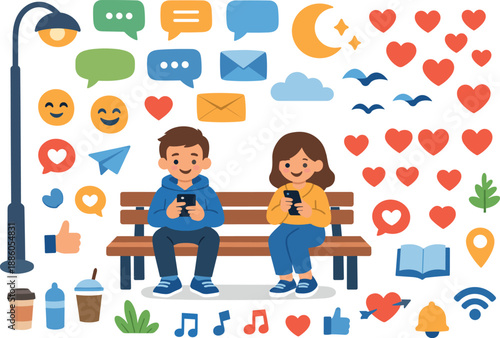 Bench, two people, chat bubbles, hearts, emojis, envelopes, coffee, music notes, book, lamp, moon.