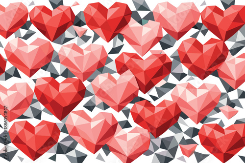 Geometric red and pink hearts with gray abstract pattern background.