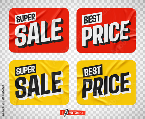 Vector realistic illustration of promotional rectangular stickers on a transparent background.