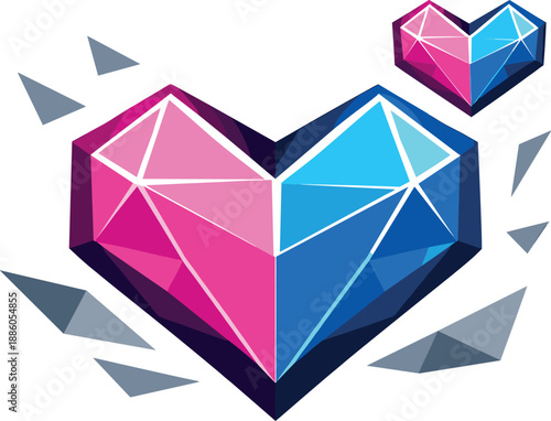 Two faceted heart icons in blue and pink, surrounded by geometric shards.