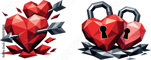 Two geometric heart icons: pierced heart with arrows, padlock hearts with keys.