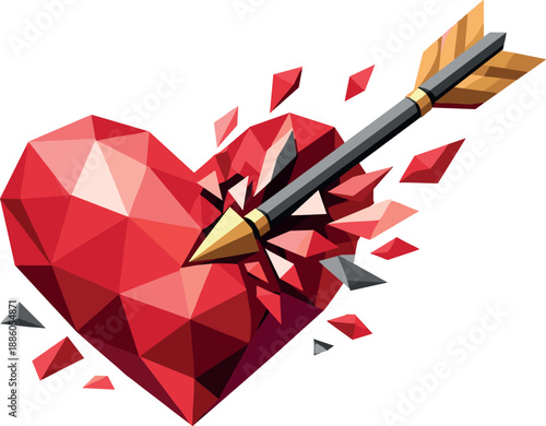 Polygonal heart with an arrow through it, bursting into pieces.