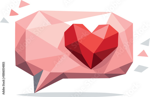 Geometric heart inside a speech bubble, with triangle accents.