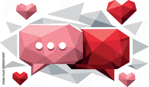 Chat bubbles and hearts in a geometric style.