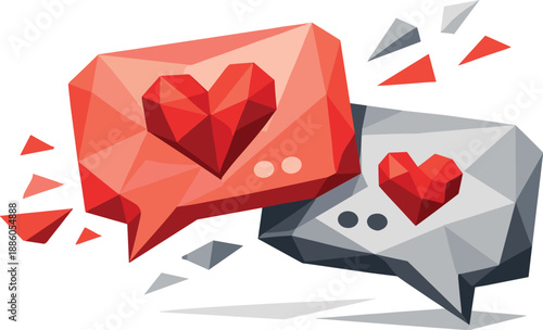 Two geometric speech bubbles, one red with a heart, one gray, both with ellipses.