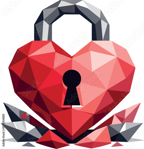 Heart-shaped lock with geometric design, two small geometric shapes below.