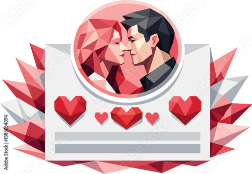 Two people face each other, surrounded by geometric hearts. Three heart icons below.