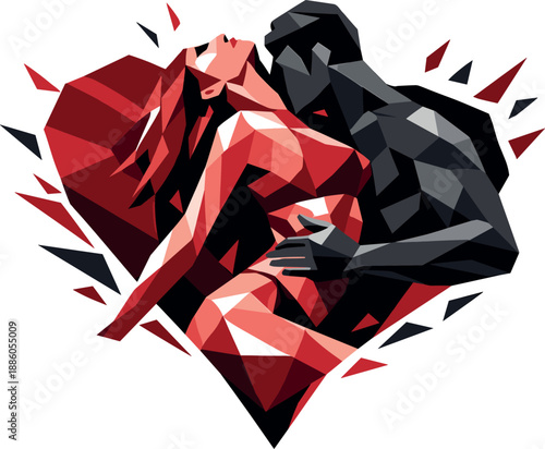 Abstract geometric couple with red and black tones. Heart shape background. No icons.