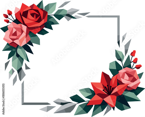 Square frame with geometric red and pink roses, leaves, and berries.