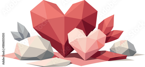 Geometric red and pink hearts among gray and white stones on a flat surface.