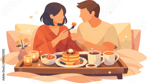Couple in bed enjoying breakfast, pancakes, coffee, flowers, candles.