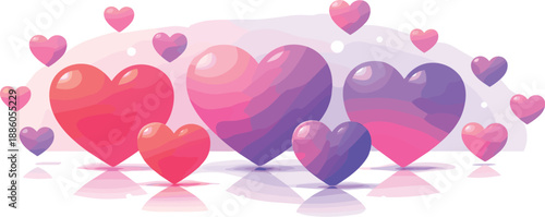 Colorful heart icons in various sizes and shades of red, pink, and purple.