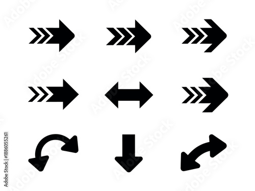 Black Arrow Icons Set on White Background for Navigation and Direction