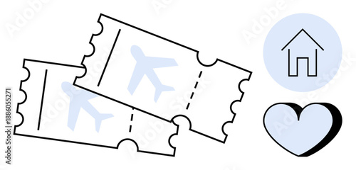 Travel, tourism, vacations, airline booking, home return, destinations. Two airline tickets with icons of a house and heart in a minimal style. Travel and tourism concept