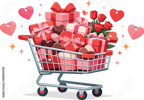 Shopping cart filled with gifts, roses, hearts, and sparkles.