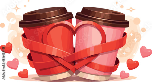 Two coffee cups with heart designs, surrounded by small red hearts and sparkles.