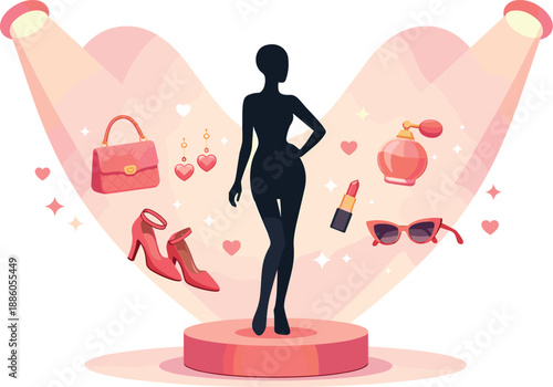 Silhouette model with icons: handbag, shoes, earrings, perfume, lipstick, sunglasses.