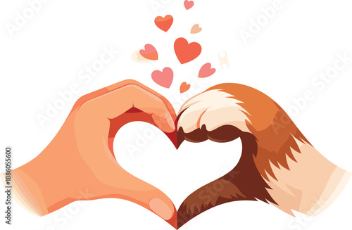 Hand and paw form heart, surrounded by small red hearts.