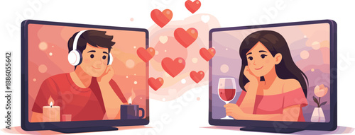 Two people video call with hearts, candles, wine, headphones, mug, and a flower.