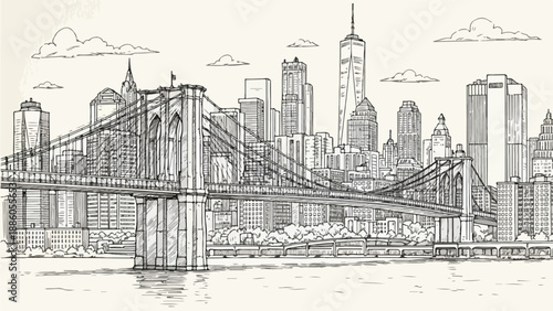 Modern bridge crossing river with city skyline