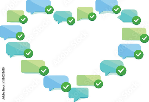 Chat bubbles form a heart shape with checkmark icons on each.