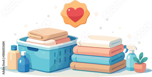 Laundry basket, folded towels, detergent bottles, spray bottle, plant, heart icon.