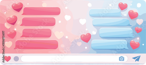 Chat interface with pink and blue message bubbles, heart icons, camera, and paper plane.