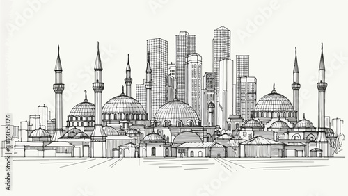 City skyline with multiple domes and minarets